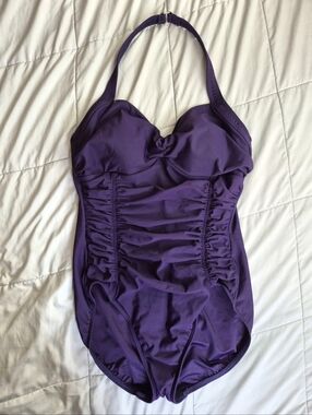 Lands' End Purple Shirred Bodice Halter One Piece Swimsuit, Size 12, EUC